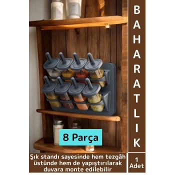Premium Mutfak Tezgah Üstü Duvara Monte Edilebilir Standlı Çok Şık Kaşıklı Baharatlık 8 Parça 350 ML