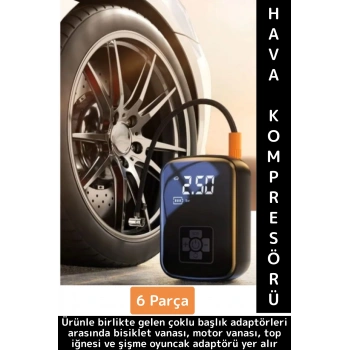Premium Araba Motosiklet Bisiklet Şişme Yatak Dijital Led Ekranlı Şarjlı Hava Kompresörü 6 Parça
