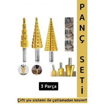Premium Dayanıklı Çift Yiv Sistemli Çatlamadan Kesim Sac Delme Kademeli Matkap Ucu Panç Seti 3 Parça