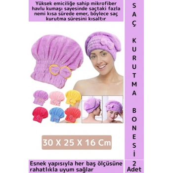 Her Baş Ölçüsüne Uyumlu Esnek Hızlı Emici Banyo Havuz Duş Mikrofiber Havlu Saç Kurutma Bonesi 2 Adet