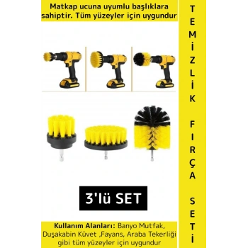Premium Banyo Küvet Fayans Mutfak Oto Koltuk Tekerlek Matkap Ucuna Takılan 3lü Temizlik Fırça Seti