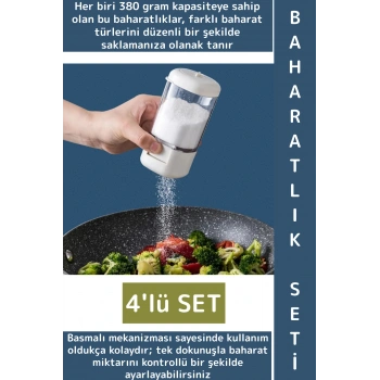 Premium Dayanıklı Toz-Taneli Kullanım Şeffaf Gövde Basmalı Baharatlık Tuzluk Seti 380 ML X 4lü SET