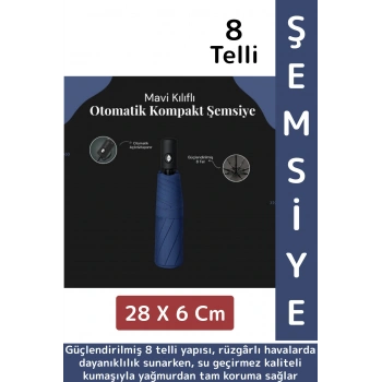 Kompakt Çanta Boy Seyahat Tipi Dayanıklı Otomatik Açma Kapama Güçlendirilmiş 8 Telli Kılıflı Şemsiye