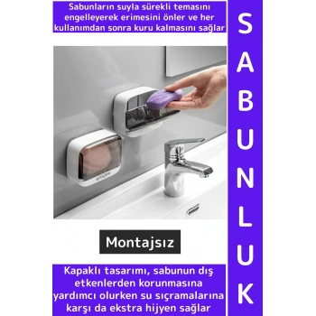 Kendinden Yapışkanlı Montajsız Banyo Mutfak Sabun Erime Önleyen Kapaklı Estetik 2li Şeffaf Sabunluk
