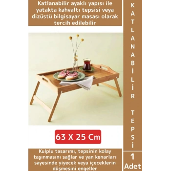 Kompakt Dayanıklı Kahvaltı Bilgisayar Masası Bambu Kulplu Ayaklı Katlanabilir Keyif Tepsisi 63X25 Cm