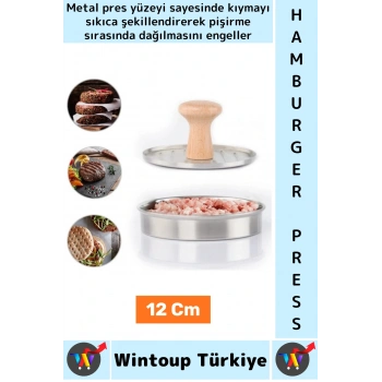 Uzun Ömürlü Ergonomik Tutuş Ahşap Saplı Izgara Çizgili Mutfak Kıyma Köfte Hamburger Press 12 Cm