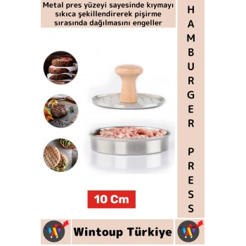 Uzun Ömürlü Ergonomik Tutuş Ahşap Saplı Izgara Çizgili Mutfak Kıyma Köfte Hamburger Press 10 Cm