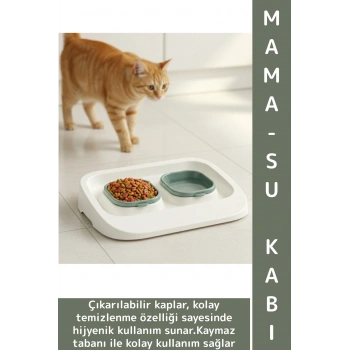 Evcil Hayvan Kaymaz Taban Çıkarılabilir Tasarım Çift Bölmeli Kedi Köpek Plastik Mama Su Kabı 2 in 1