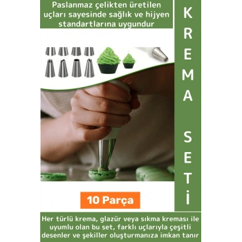 Premium Profesyonel Hobi Kullanım Mutfak Pasta Kek Süsleme Çok Şık Pratik Krema Sıkma Seti 10 Parça