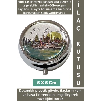 Özel Model Konsept Hediyelik Dekoratif Şık İstanbul Temalı 3 Bölmeli Hap Tablet İlaç Saklama Kutusu