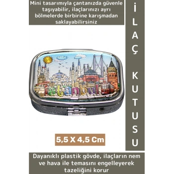 Özel Model Konsept Hediyelik Dekoratif Şık İstanbul Temalı 2 Bölmeli Hap Tablet İlaç Saklama Kutusu