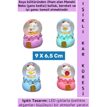 Premium Konsept Hediyelik Biblo Dekoratif Çok Şık Bolluk Bereket İyi Şans Kedisi Işıklı Kar Küresi