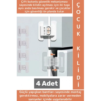 Kendinden Yapışkanlı Montaj Gerektirmez Estetik Buzdolabı Çekmece Dolap Kapağı Çocuk Kilidi 4 Adet