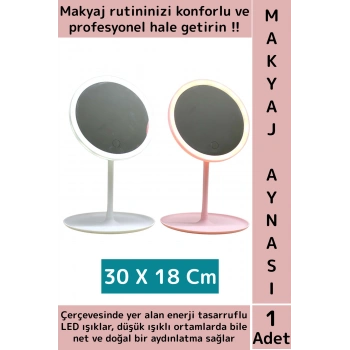 Premium Profesyonel Ev Kuaför Kullanım Hediyelik Şık Yuvarlak Led Işıklı Makyaj Aynası 30 X 18 Cm