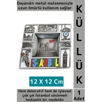 Dayanıklı Gündelik Ev İş Kullanım Dekoratif Hediyelik Şık İstanbul Süslemeli Metal Küllük 12 X 12 Cm