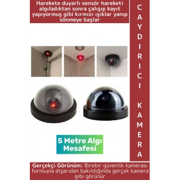 Ev Dükkan Kırmızı Işıklı Hareket Sensörlü 5 Metre Algı Mesafeli Pilli Güvenlik Caydırıcı Dome Kamera