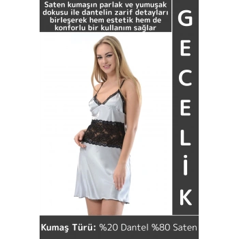 Yeni Sezon Zarif Rahat Kumaş Büyüleyici Özel Gün Gece Gündelik Dantelli Saten Kadın Gri Gecelik