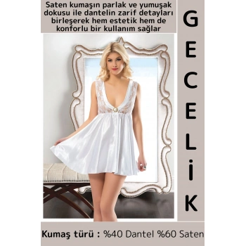Yeni Sezon Zarif Rahat Kumaş Büyüleyici Özel Gün Gece Gündelik Dantelli Saten Kadın Beyaz Gecelik