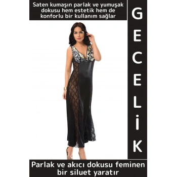 Yeni Sezon Zarif Rahat Büyüleyici Özel Gün Gece Gündelik Kadın Dantelli Şık Desenli Saten Gecelik