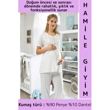 Günlük Kullanım Zarif Rahat Doğum Öncesi Sonrası Çok Şık Ekru Penye Hamile Lohusa Kısa Pijama Takımı