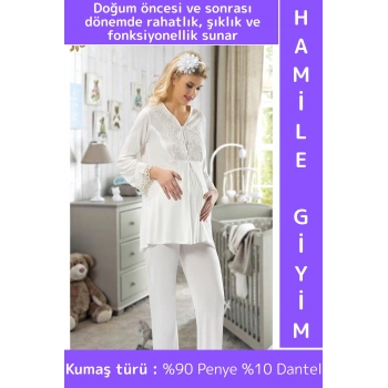 Günlük Kullanım Zarif Rahat Doğum Öncesi Sonrası Çok Şık Ekru Penye Hamile Lohusa Uzun Pijama Takımı