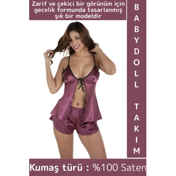 Yeni Model Sevgili Gece Zarif Çekici Sexy Fantezi Gecelik Giyim Saten Şık Babydoll Atlet Şort Takımı
