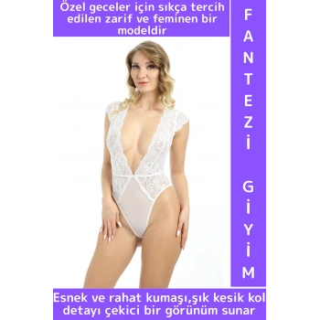 Yeni Kreasyon Sevgililer Günü Yılbaşı Özel Gece Fantezi Sexy Çok Şık Kesik Kol Kadın Dantel Bodysuit