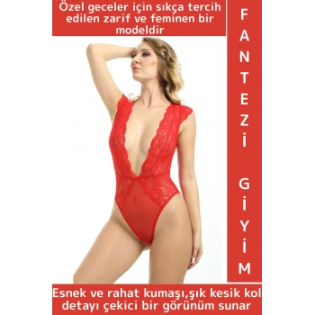 Yeni Kreasyon Sevgililer Günü Yılbaşı Özel Gece Fantezi Sexy Çok Şık Kesik Kol Kadın Dantel Bodysuit