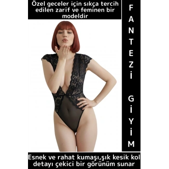 Yeni Kreasyon Sevgililer Günü Yılbaşı Özel Gece Fantezi Sexy Çok Şık Kesik Kol Kadın Dantel Bodysuit