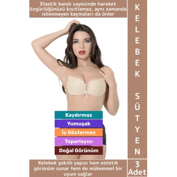 Gündelik İz İç Göstermez Elastik Kaydırmaz Toparlayıcı Doğal Görünüm Yapışkan Kelebek Sütyen 3 Adet