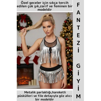 Sevgililer Günü Yılbaşı Hediye Sexy Kadın Metalik Parlak Gümüş Püsküllü Çok Şık Lame Fantezi Gecelik