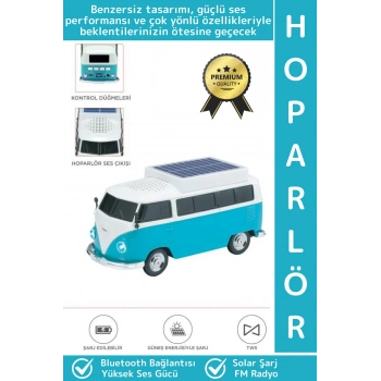Premium Yüksek Ses Kamp Speaker FM Solar Şarjlı Çok Şık Retro Vosvos Tasarımlı Bluetooth Hoparlör