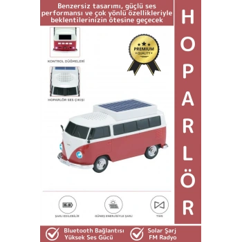 Premium Yüksek Ses Kamp Speaker FM Solar Şarjlı Çok Şık Retro Vosvos Tasarımlı Bluetooth Hoparlör
