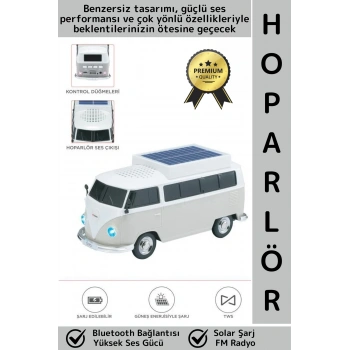 Premium Yüksek Ses Kamp Speaker FM Solar Şarjlı Çok Şık Retro Vosvos Tasarımlı Bluetooth Hoparlör