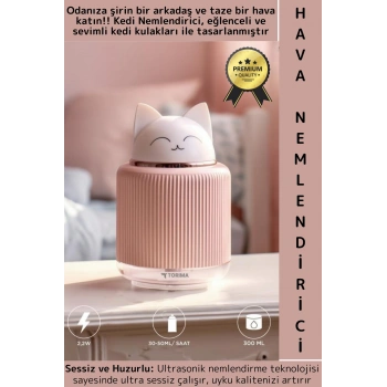 Premium Ultrasonik Sessiz Buhar Makine Sevimli Kedi Ev Ofis Çocuk Bebek Oda Hava Nemlendirici 300 ML