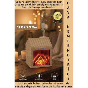 Premium Sessiz Ultrasonik LED Şömine Efektli Ahşap Görünüm Gece Lambası Oda Hava Nemlendirici 200 ML