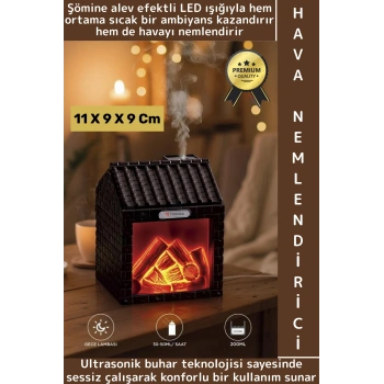 Premium Sessiz Ultrasonik LED Şömine Efektli Ahşap Görünüm Gece Lambası Oda Hava Nemlendirici 200 ML