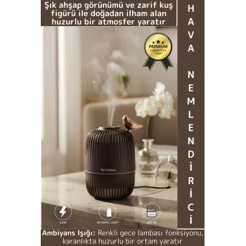 Premium Buhar Makinesi Şık Kuş Detaylı Ahşap Görünümlü Renkli LED Işık Oda Hava Nemlendirici 280 ML