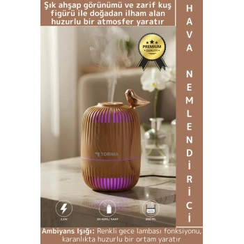 Premium Buhar Makinesi Şık Kuş Detaylı Ahşap Görünümlü Renkli LED Işık Oda Hava Nemlendirici 280 ML
