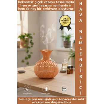 Premium Ultrasonik Sessiz Led Işık Çiçek Vazosu Tasarım Ahşap Görünüm Oda Hava Nemlendiricisi 300 ML