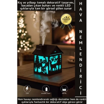 Premium Led Işık Buhar Makinesi Yılbaşı Temalı Ahşap Görünüm Mini Ev Oda Hava Nemlendiricisi 240 ML