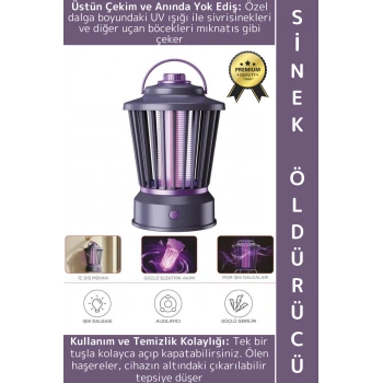 Premium İç Dış Mekan UV Işık Lamba Sivrisinek Kovucu Sineksavar Şarjlı Asılır Sinek Öldürücü Siyah