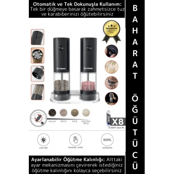 Premium Elektrikli Otomatik Öğütme Ayarlı Tuz Karabiber Değirmeni Işıklı Pilli Şık Baharat Öğütücü