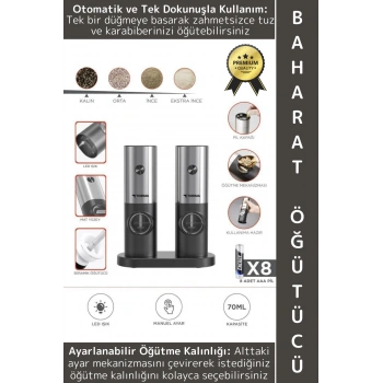 Premium Elektrikli Otomatik Ayarlanabilir Tuz Karabiber Değirmeni Işıklı Şık Pilli Baharat Öğütücü