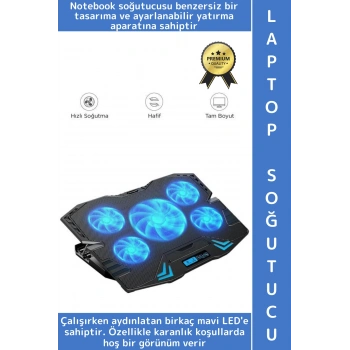 Premium Süper Güçlü 5 Fan Notebook Dizüstü Bilgisayar RGB Işıklı Ayarlanabilir Laptop Soğutucu Fan