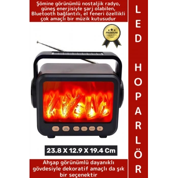 Premium Retro Dekoratif Ahşap Görünüm LED Nostaljik Şömine Tasarımlı Solar Şarjlı Bluetooth Hoparlör