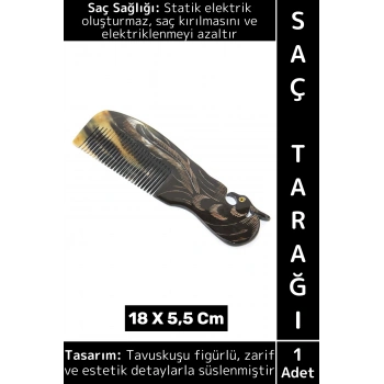 Kompakt Çanta Boy Saç Kırılması Elektriklenme Azaltan Doğal Kemik Tavuskuşu Saç Tarağı 18 X 5.5 Cm