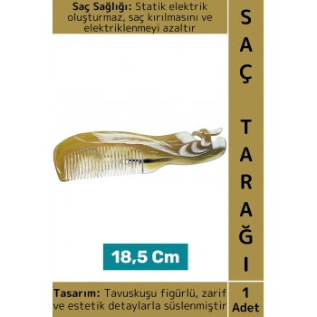 Kompakt Çanta Boy Saç Kırılması Elektriklenme Azaltan Doğal Kemik Şık Tavuskuşu Saç Tarağı 18.5 Cm