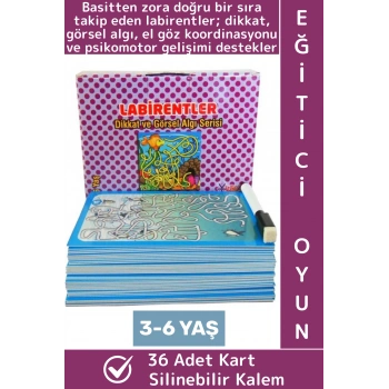 Eğitici Çocuk Dikkat Görsel Algı Koordinasyon Psikomotor Silinebilir Kalem Oyun LABİRENTLER 36 Kart