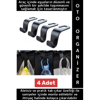 Kolay Montaj Oto Organizer Çanta Kıyafet Küçük Eşya Düzenleyici Şık Araba Koltuk Arkası Askı 4 Adet